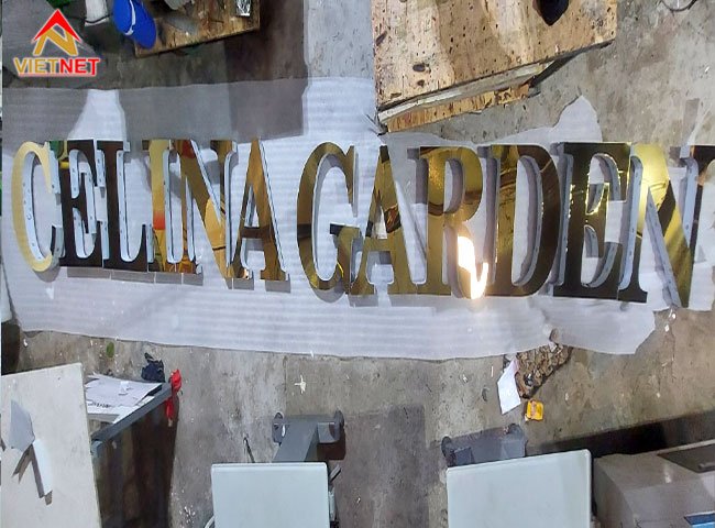 Gia công chữ nổi inox vàng gương Celina Garden