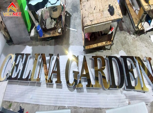 Gia công chữ nổi inox vàng gương Celina Garden